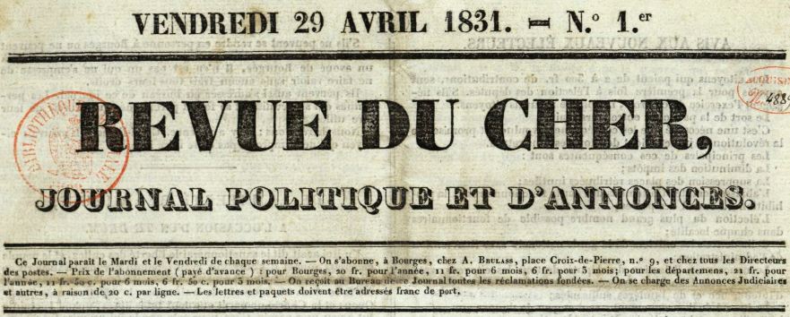 Photo (BnF / Gallica) de : Revue du Cher. Bourges : François-Auguste Brulass, 1831-1841. ISSN 2017-8204.