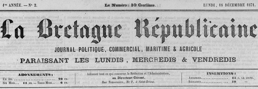 Photo (Côtes-d'Armor. Archives départementales) de : La Bretagne républicaine. Saint-Brieuc, 1871-1872. ISSN 2257-9079.