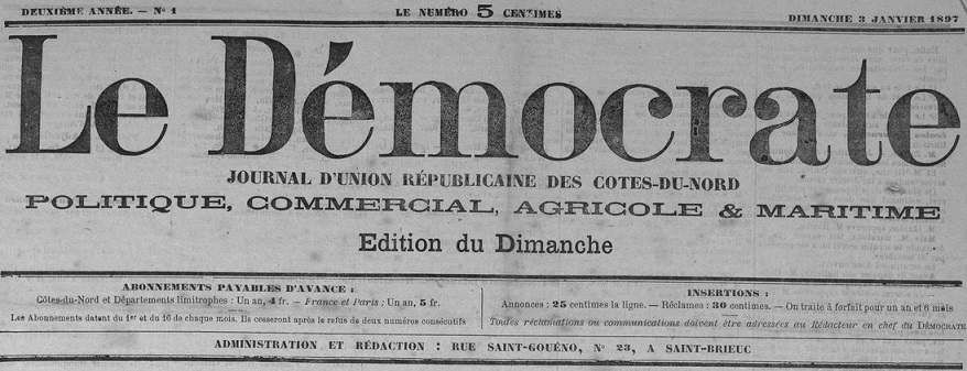 Photo (Côtes-d'Armor. Archives départementales) de : Le Démocrate. Éd. du dimanche. Saint-Brieuc, 1896-1898. ISSN 2257-9346.
