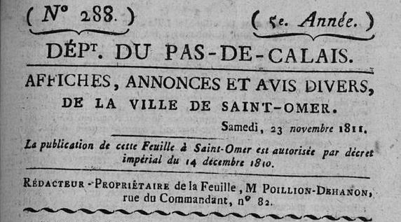 Photo (Bibliothèque d'agglomération (Saint-Omer, Pas-de-Calais)) de : Affiches, annonces et avis divers de la ville de Saint-Omer. Saint-Omer, 1811-1814. ISSN 2496-2066.
