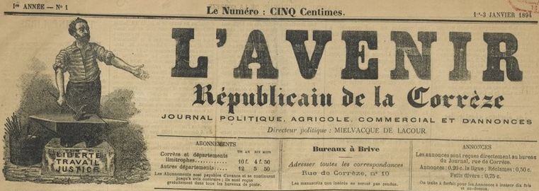 Photo (BnF / Gallica) de : L'Avenir républicain de la Corrèze. Brive, 1894. ISSN 2121-6843.