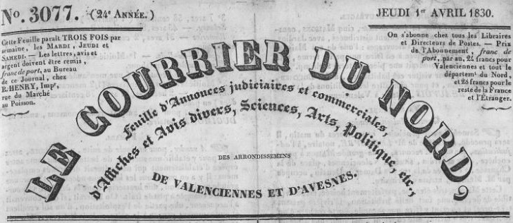 Photo (Bibliothèque municipale (Valenciennes, Nord)) de : Le Courrier du Nord. Valenciennes, 1830-1893. ISSN 2124-8923.