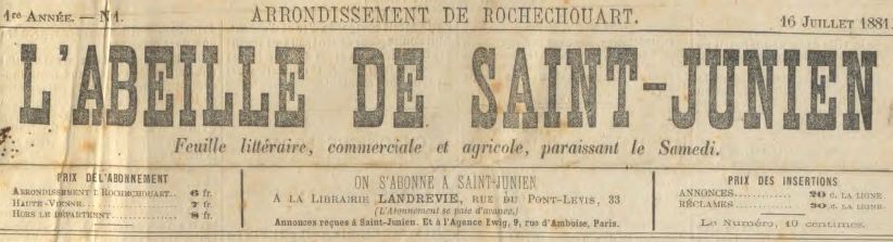 Photo (Saint-Junien (Haute-Vienne)) de : L'Abeille de Saint-Junien. Saint-Junien, 1881-1944. ISSN 1254-0625.