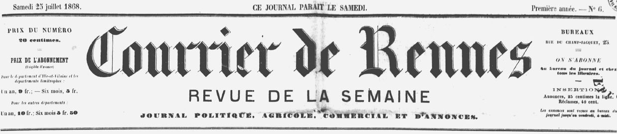 Photo (Bibliothèque de Rennes métropole, Les Tablettes rennaises) de : Courrier de Rennes. Rennes, 1868-1915. ISSN 2124-7986.