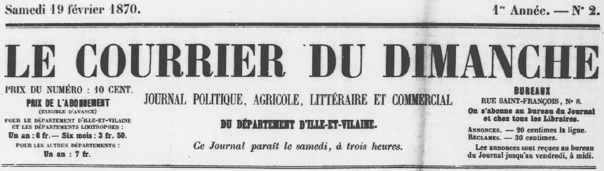 Photo (Bibliothèque de Rennes métropole, Les Tablettes rennaises) de : Le Courrier du dimanche. Rennes, 1870. ISSN 2124-8702.