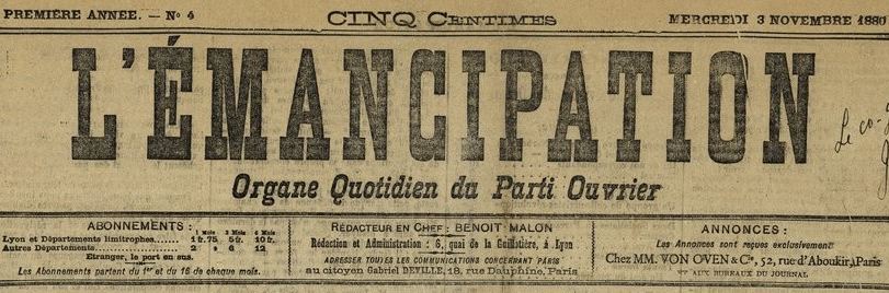 Photo (BnF / Gallica) de : L'Émancipation. Lyon, 1880. ISSN 1245-9909.