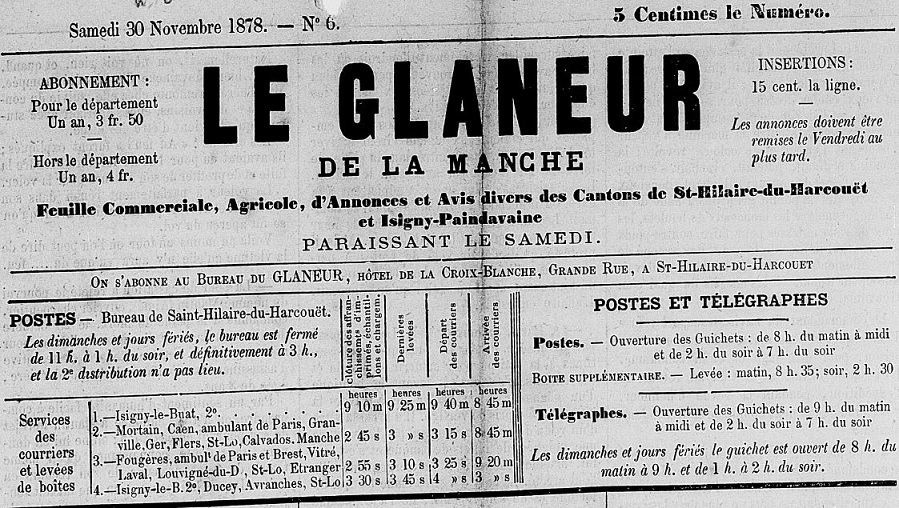 Le Glaneur de la Manche. SaintHilaireduHarcouët, 18781944. ISSN 21289115.