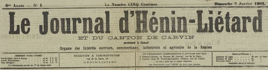 Photo (BnF / Gallica) de : Le Journal d'Hénin-Liétard et du canton de Carvin. Hénin-Liétard, 1897-1914. ISSN 2130-2286.