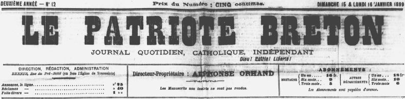 Photo (Bibliothèque de Rennes métropole, Les Tablettes rennaises) de : Le Patriote breton. Rennes, 1898-1900. ISSN 2133-6709.