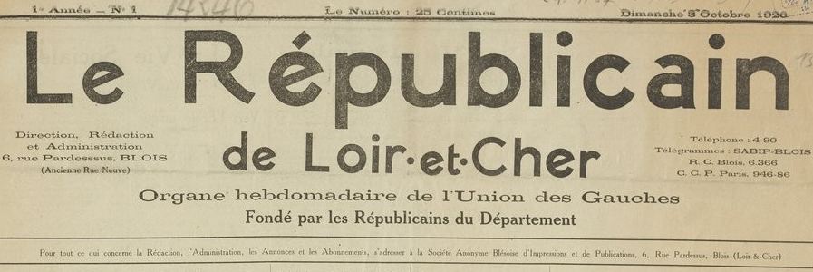 Photo (BnF / Gallica) de : Le Républicain de Loir-et-Cher. Blois, 1926-[1939 ?]. ISSN 2136-334X.