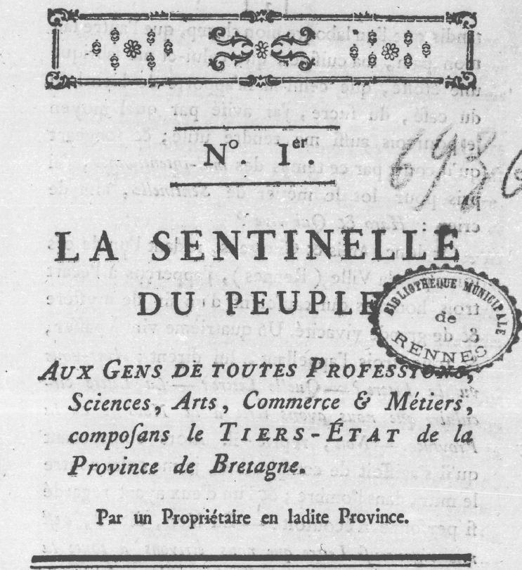 Photo (Bibliothèque de Rennes métropole, Les Tablettes rennaises) de : La Sentinelle du peuple. [Rennes], 1788. ISSN 2138-0805.