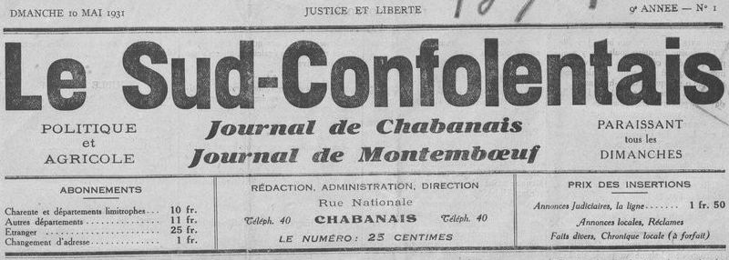 Photo (BnF / Gallica) de : Le Sud-Confolentais. Chabanais, 1931-1932. ISSN 2100-6776.