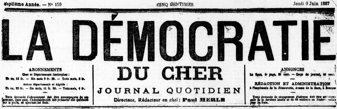 Photo (BnF / Gallica) de : La Démocratie du Cher. Bourges, 1881-1894. ISSN 0982-085X.