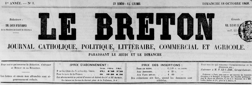 Photo (Côtes-d'Armor. Archives départementales) de : Le Breton. Saint-Brieuc, 1868-1870. ISSN 1282-8262.