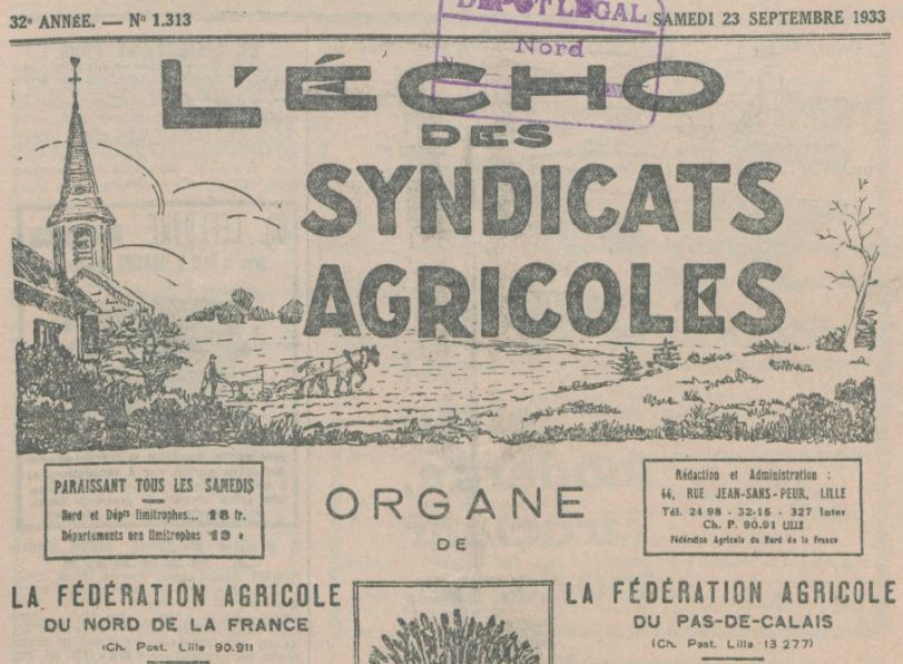 Photo (BnF / Gallica) de : L'Écho des syndicats agricoles. [Éd. du Pas-de-Calais]. Lille, Arras, 1933-1944. ISSN 2126-5356.