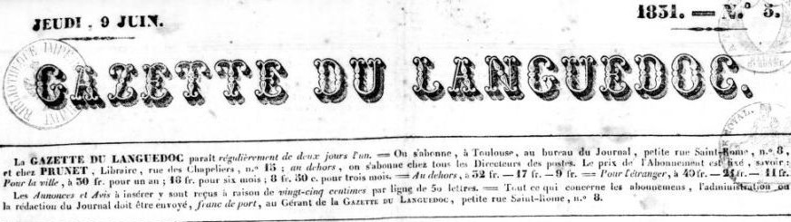 Photo (BnF / Gallica) de : Gazette du Languedoc. Toulouse, 1831-[1857 ?]. ISSN 2020-2776.