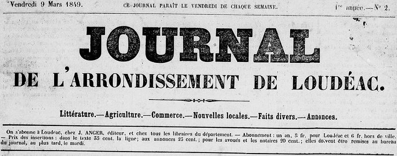 Photo (Côtes-d'Armor. Archives départementales) de : Journal de l'arrondissement de Loudéac. Loudéac : Impr. de Jules Anger, 1849-1871. ISSN 1282-8416.