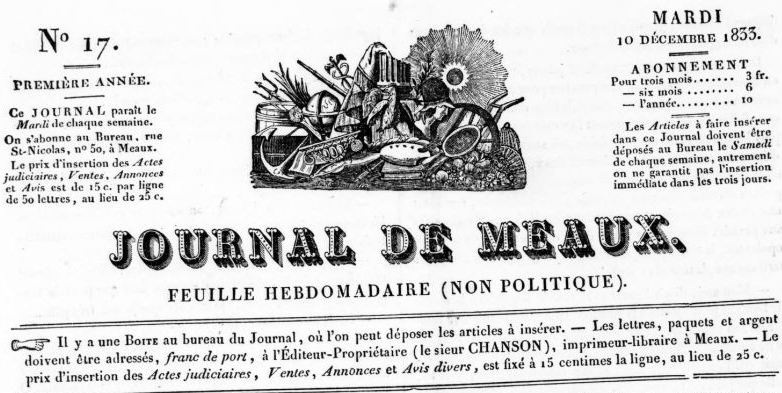 Photo (BnF / Gallica) de : Journal de Meaux. Meaux : J.-L. Chanson, 1833-1838. ISSN 2130-5234.