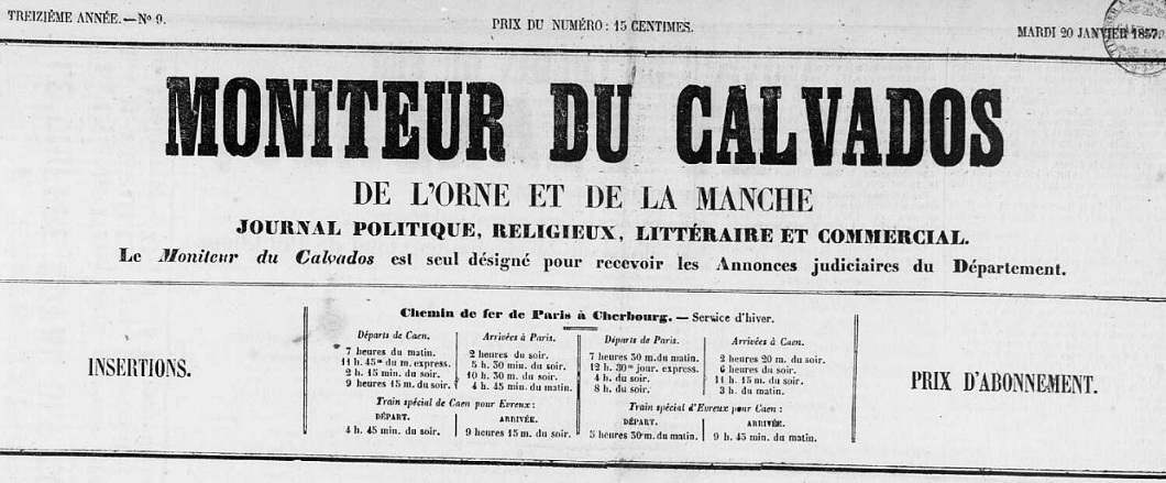 Photo (Calvados. Archives départementales) de : Moniteur du Calvados, de l'Orne et de la Manche. Caen, 1854-1939. ISSN 2132-4697.