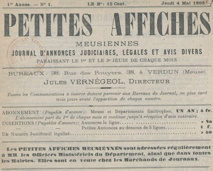 Photo (BnF / Gallica) de : Petites affiches meusiennes. Verdun, 1893. ISSN 2134-7409.