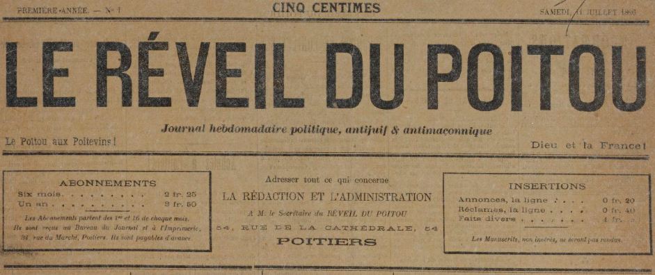 Photo (BnF / Gallica) de : Le Réveil du Poitou. Poitiers, 1896-1901. ISSN 2137-0095.