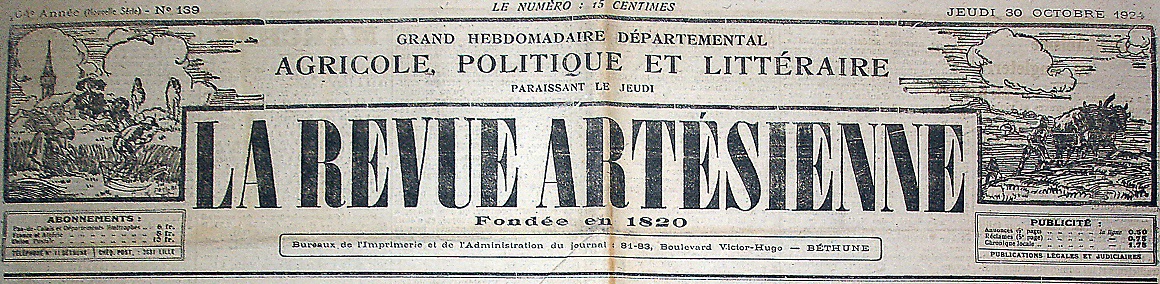 Photo (Société des amis de Panckoucke) de : La Revue artésienne. Béthune, 1832-1927. ISSN 2137-2500.