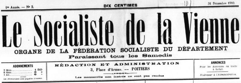 Photo (BnF / Gallica) de : Le Socialiste de la Vienne. Poitiers, 1910-1925. ISSN 2138-1747.