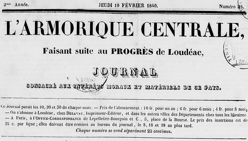 Photo (Côtes-d'Armor. Archives départementales) de : L'Armorique centrale. Loudéac : Delavau, 1840-1848. ISSN 1282-8394.