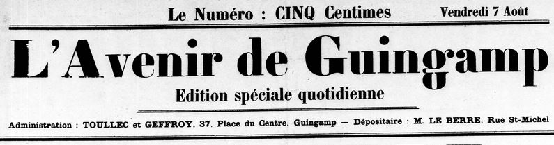 Photo (Côtes-d'Armor. Archives départementales) de : L'Avenir de Guingamp. Guingamp, 1914. ISSN 1966-1525.