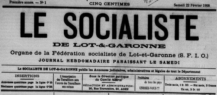 Photo (BnF / Gallica) de : Le Socialiste de Lot-et-Garonne. Agen, 1908. ISSN 2138-1755.