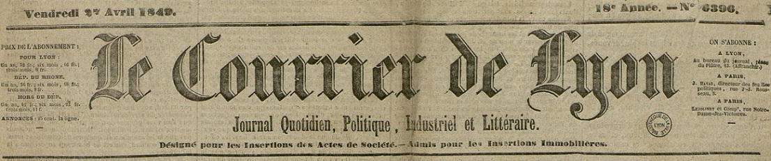 Photo (Bibliothèque municipale (Lyon)) de : Le Courrier de Lyon. Lyon, 1832-1901. ISSN 2124-7730.
