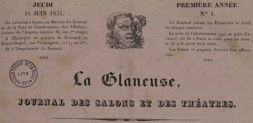 Photo (Bibliothèque municipale (Lyon)) de : La Glaneuse. Lyon : au bureau du journal, 1831-1834. ISSN 2128-9255.