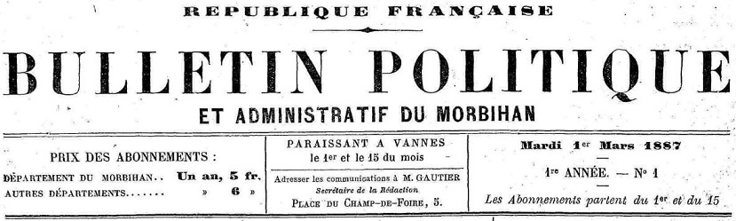 Photo (Morbihan. Archives départementales) de : Bulletin politique et administratif du Morbihan. Vannes, 1887. ISSN 2123-1877.