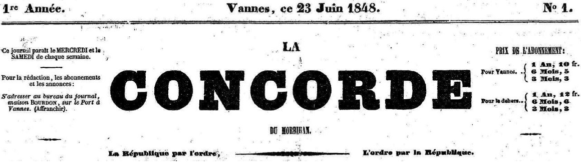 Photo (Morbihan. Archives départementales) de : La Concorde du Morbihan. Vannes, 1848-[1852 ?]. ISSN 2124-3166.