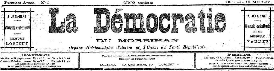 Photo (Morbihan. Archives départementales) de : La Démocratie du Morbihan. Lorient, 1905-[1910 ?]. ISSN 2125-6837.