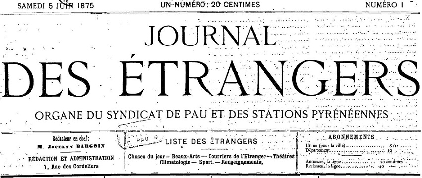 Photo (Communauté d'agglomération (Pau)) de : Journal des étrangers. Pau, 1875-1895. ISSN 2017-3474.