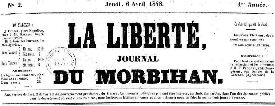 Photo (Morbihan. Archives départementales) de : La Liberté. Vannes, 1848-1850. ISSN 2131-2982.