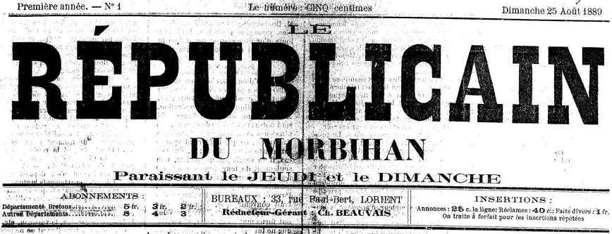 Photo (Morbihan. Archives départementales) de : Le Républicain du Morbihan. Lorient, 1889. ISSN 2136-415X.