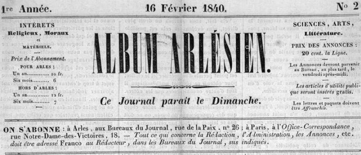 Photo (Bibliothèque municipale (Marseille)) de : Album arlésien. Arles, 1840-1843. ISSN 1149-8897.