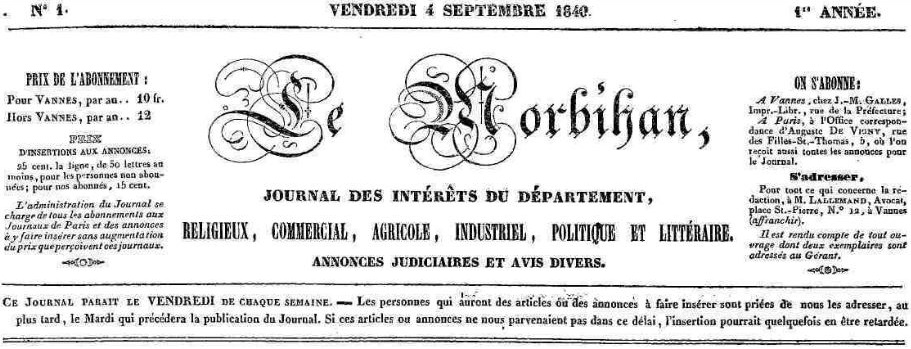 Photo (Morbihan. Archives départementales) de : Le Morbihan. Vannes : J.-M. Galles, 1840-1848. ISSN 2022-2319.Brezona. Nantes : Impr. de Bretagne, [ca 1940-1941]