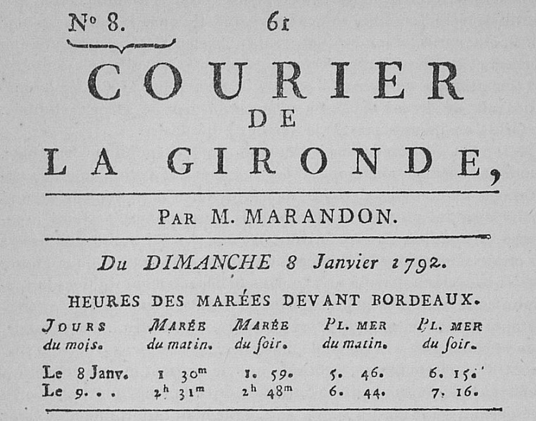 Photo (La presse bordelaise pendant la Révolution / Ernest Labadie, p. 89, numérisé par l'Université Bordeaux Montaigne) de : Courier de la Gironde. Bordeaux, 1792-1793. ISSN 1965-9490.