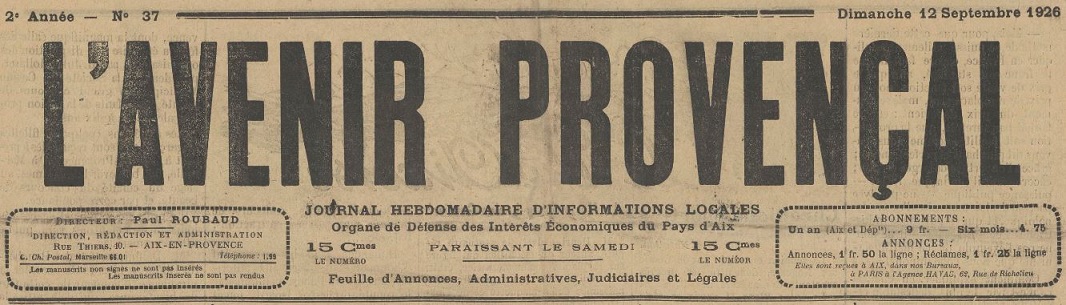 Photo (BnF / Gallica) de : L'Avenir provençal. Aix-en-Provence, 1925-1944. ISSN 2121-6606.