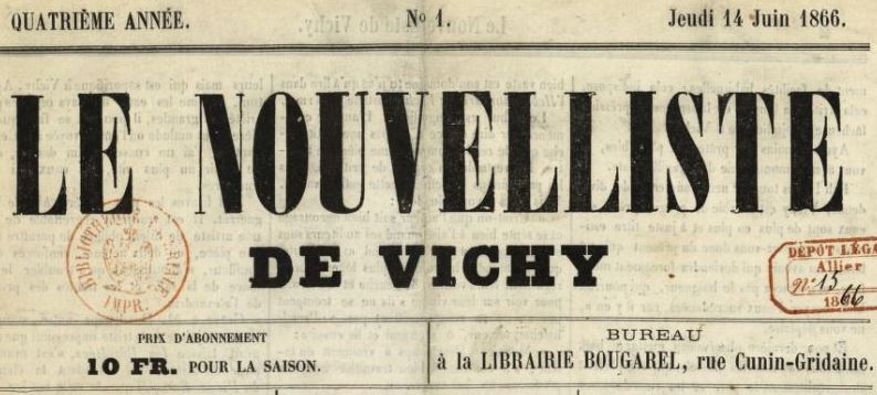 Photo (BnF / Gallica) de : Le Nouvelliste de Vichy. Vichy, 1862-1870. ISSN 2133-1871.