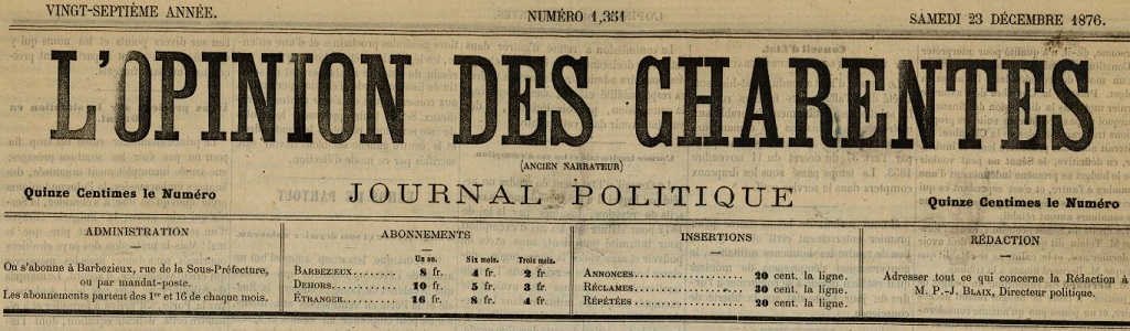Photo (BnF / Gallica) de : L'Opinion des Charentes. Barbezieux, 1876-1902. ISSN 2103-0987.
