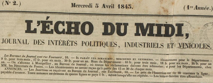 Photo (Montpellier. Bibliothèques municipales) de : L'Écho du Midi. Montpellier, 1843-1852. ISSN 2126-6271.