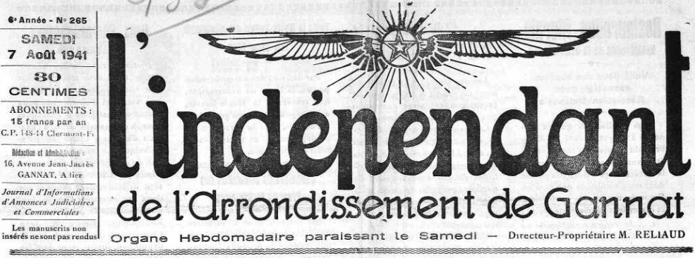 Photo (Allier. Archives départementales) de : L'Indépendant de l'arrondissement de Gannat. Gannat, 1935-1944. ISSN 2129-5107.