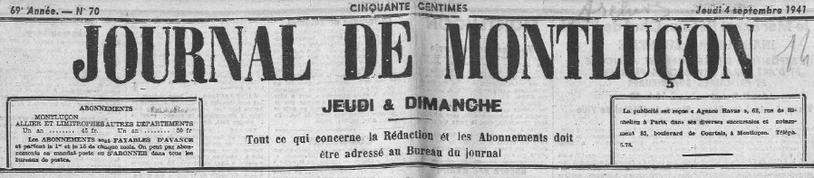 Photo (Allier. Archives départementales) de : Journal de Montluçon. Montluçon, 1864-1944. ISSN 2130-5382.