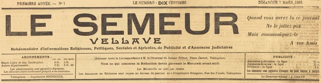 Photo (BnF / Gallica) de : Le Semeur vellave. Yssingeaux, 1920-1922. ISSN 2025-4040.