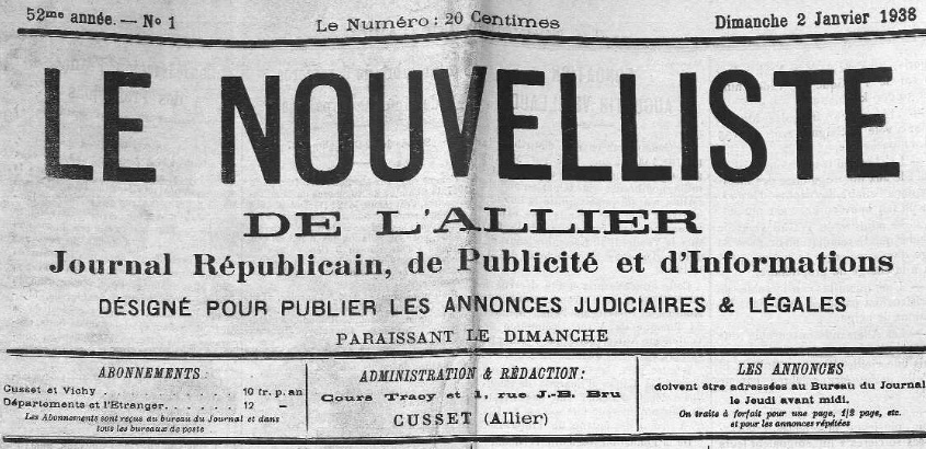 Photo (Allier. Archives départementales) de : Le Nouvelliste de l'Allier. Cusset, 1886-1944. ISSN 0983-3145.