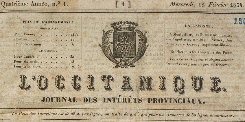 Photo (Montpellier. Bibliothèques municipales) de : L'Occitanique. Montpellier, 1834-1835. ISSN 1149-8846.